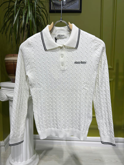 White Cable-knit Long-sleeve Polo For Women