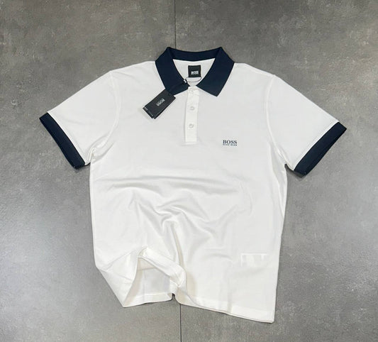 Hugo Boss White Tshirt With Dark Blue Collar