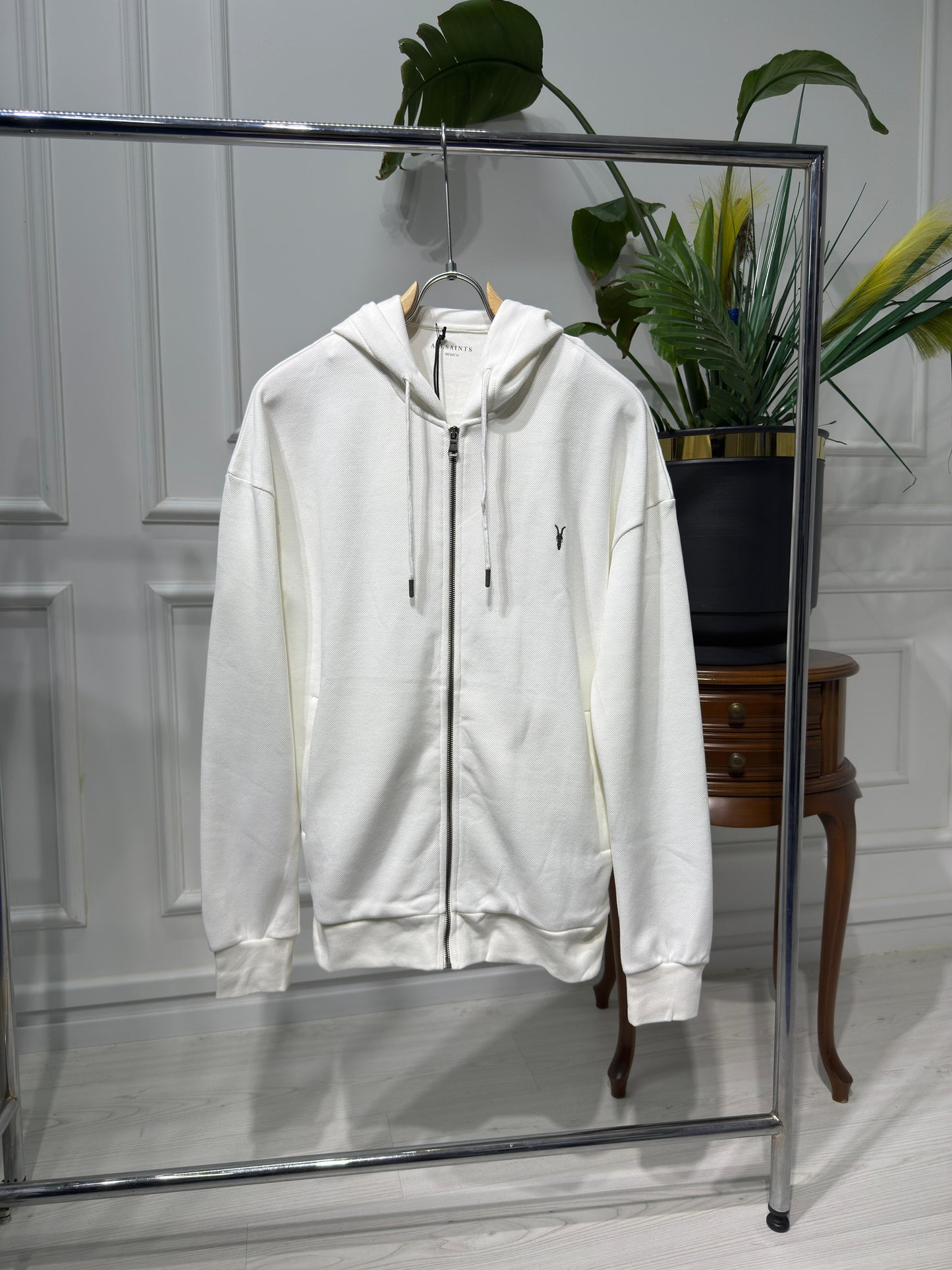 Embriodered logo full-zip white hoodie for men