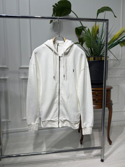 Embriodered logo full-zip white hoodie for men