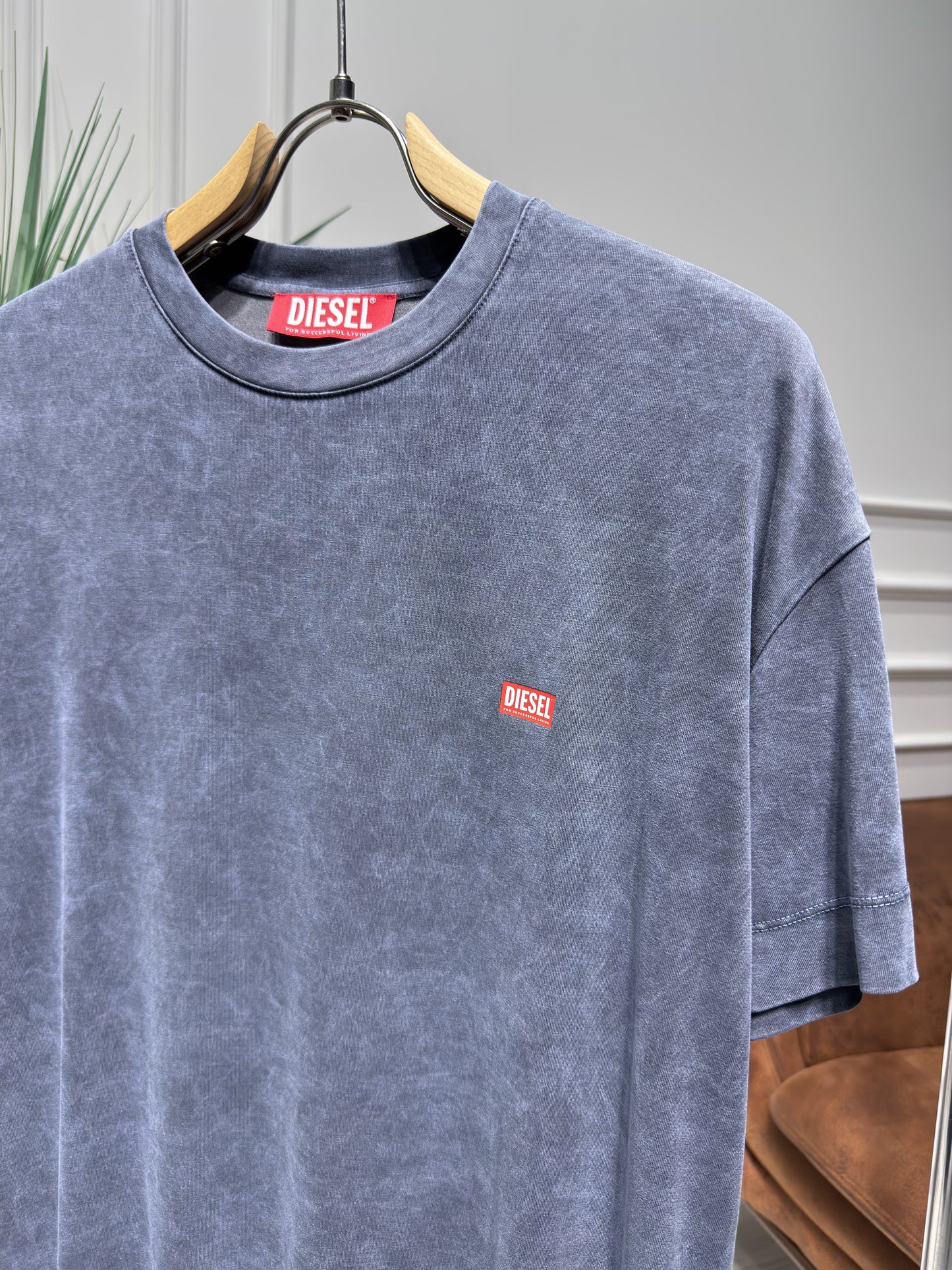 DIESEL Logo Printed Washed Blue Tshirt For Men