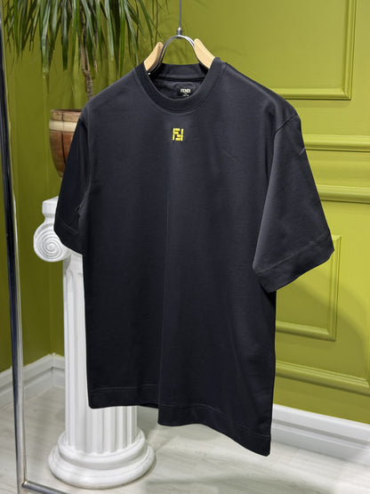 Yellow FF Embroidered Black Tshirt For Men
