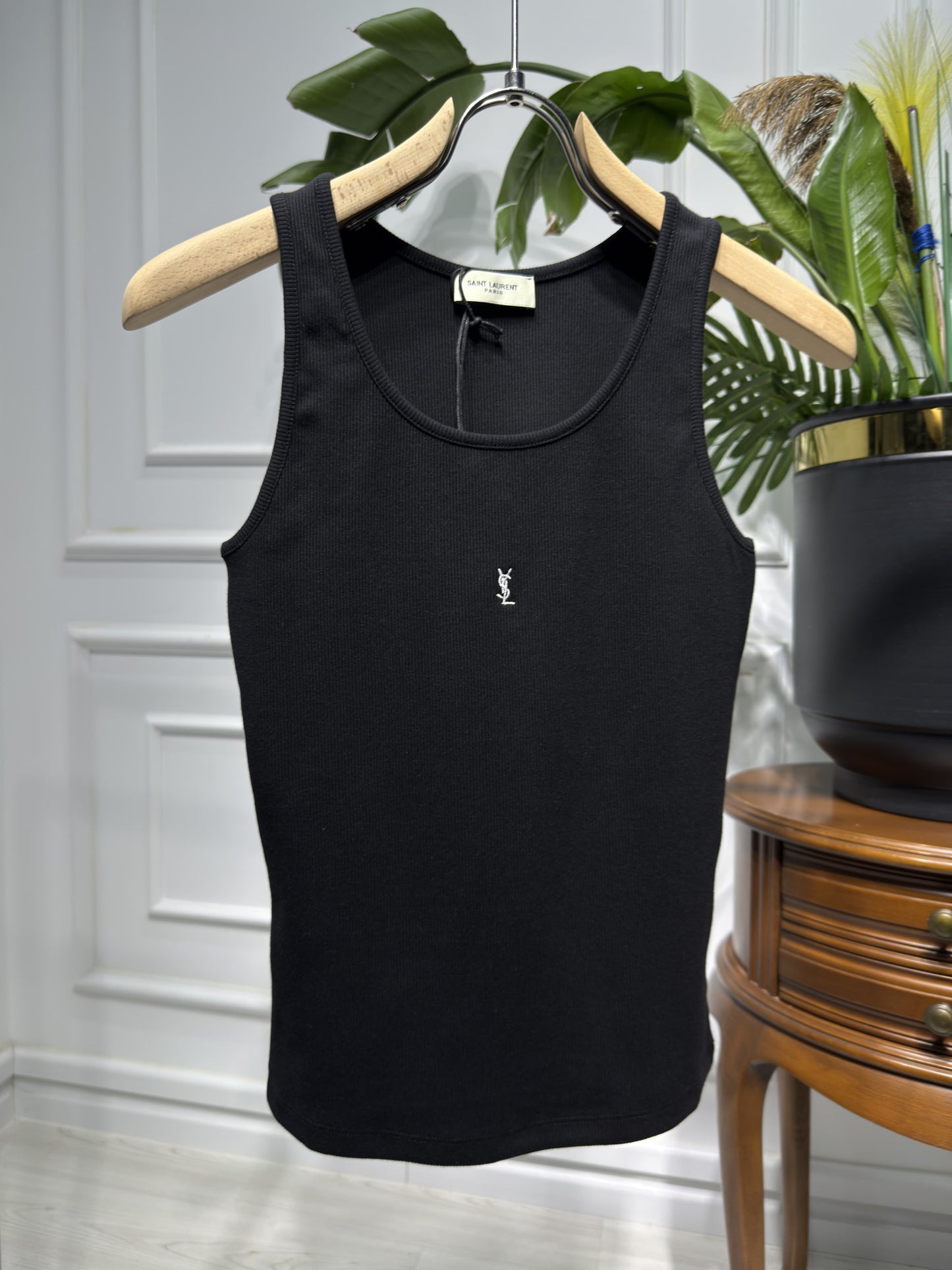 YSL Embroidered Logo Black Cotton Tank Top For Women