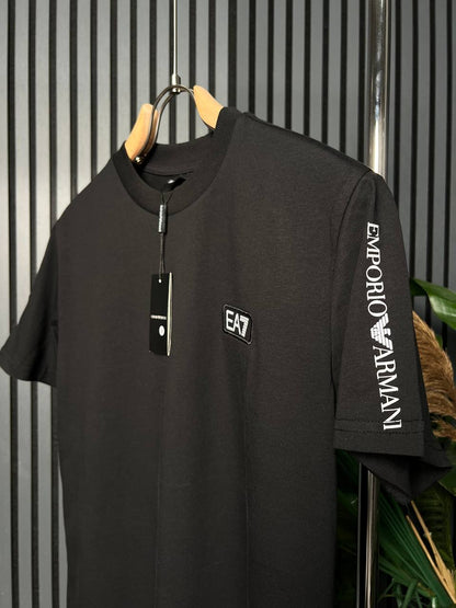 EA7 Black Tshirt Shoulder Logo For Men