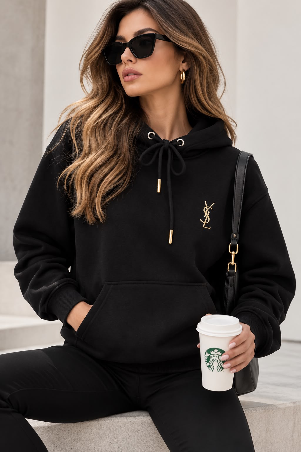 YSL Gold Metal Logo Black Hoodie For Women