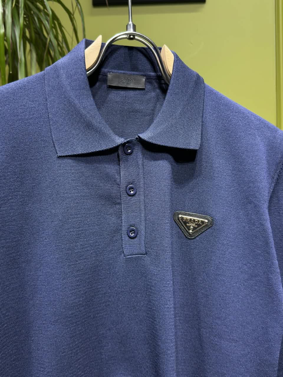 Prada Navy Blue Knitted Polo For Men