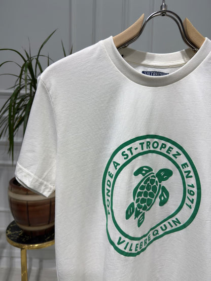 Vilebrequin Green Printed Logo White Slimfit Tshirt For Men