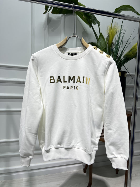White sweatshirt with gold Balmain Paris print for women