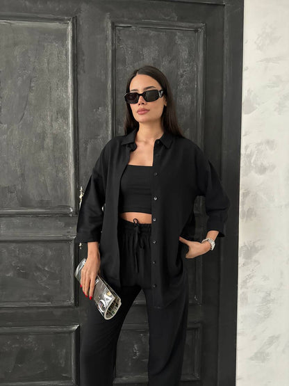 Black Linen Set 3/4 Sleeve