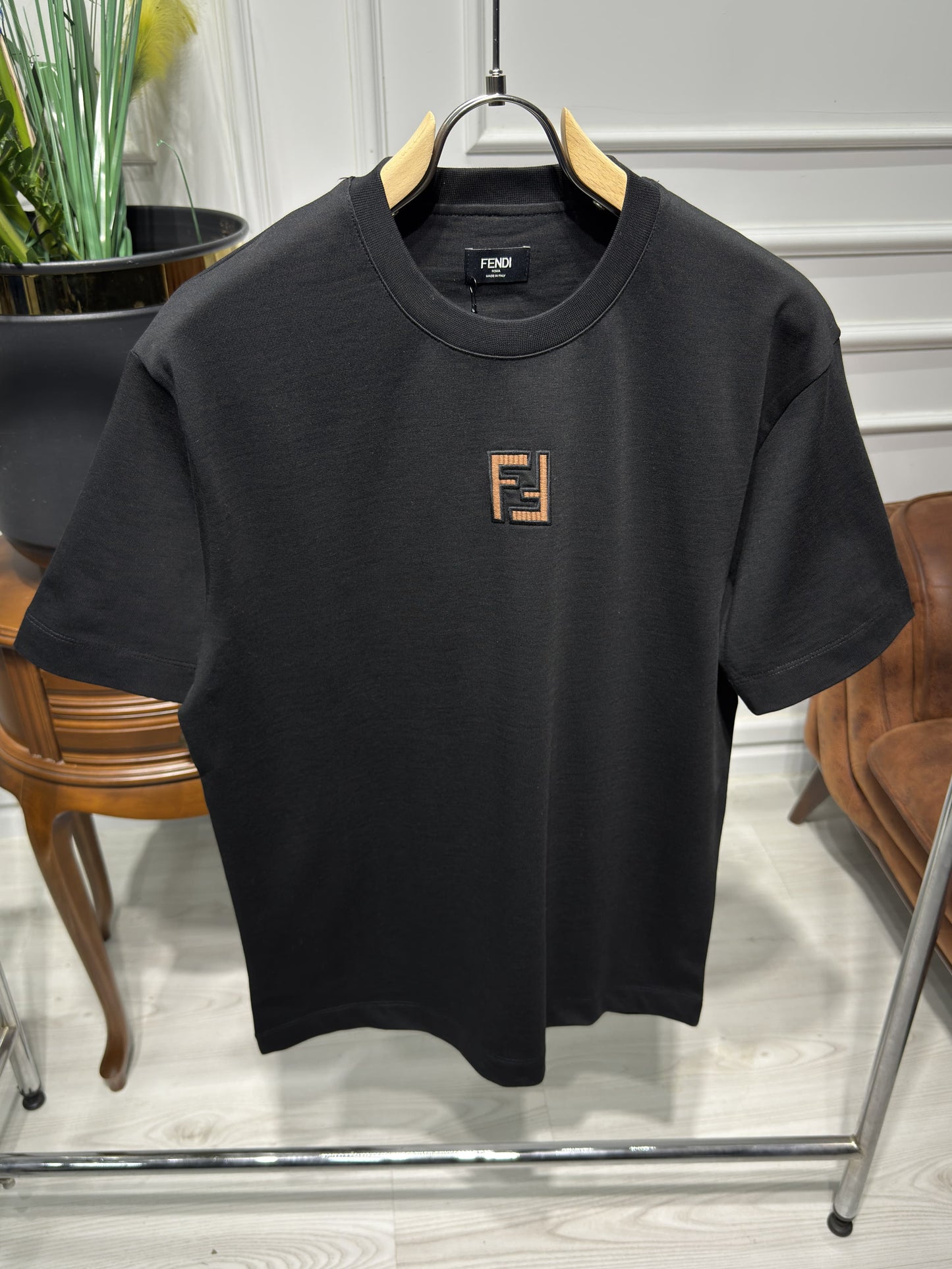 FF Embroidered Brown Logo Black Tshirt For Men