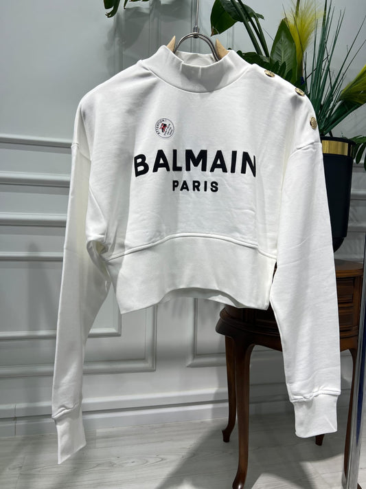 Cropped white sweatshirt with Balmain Paris Print for women
