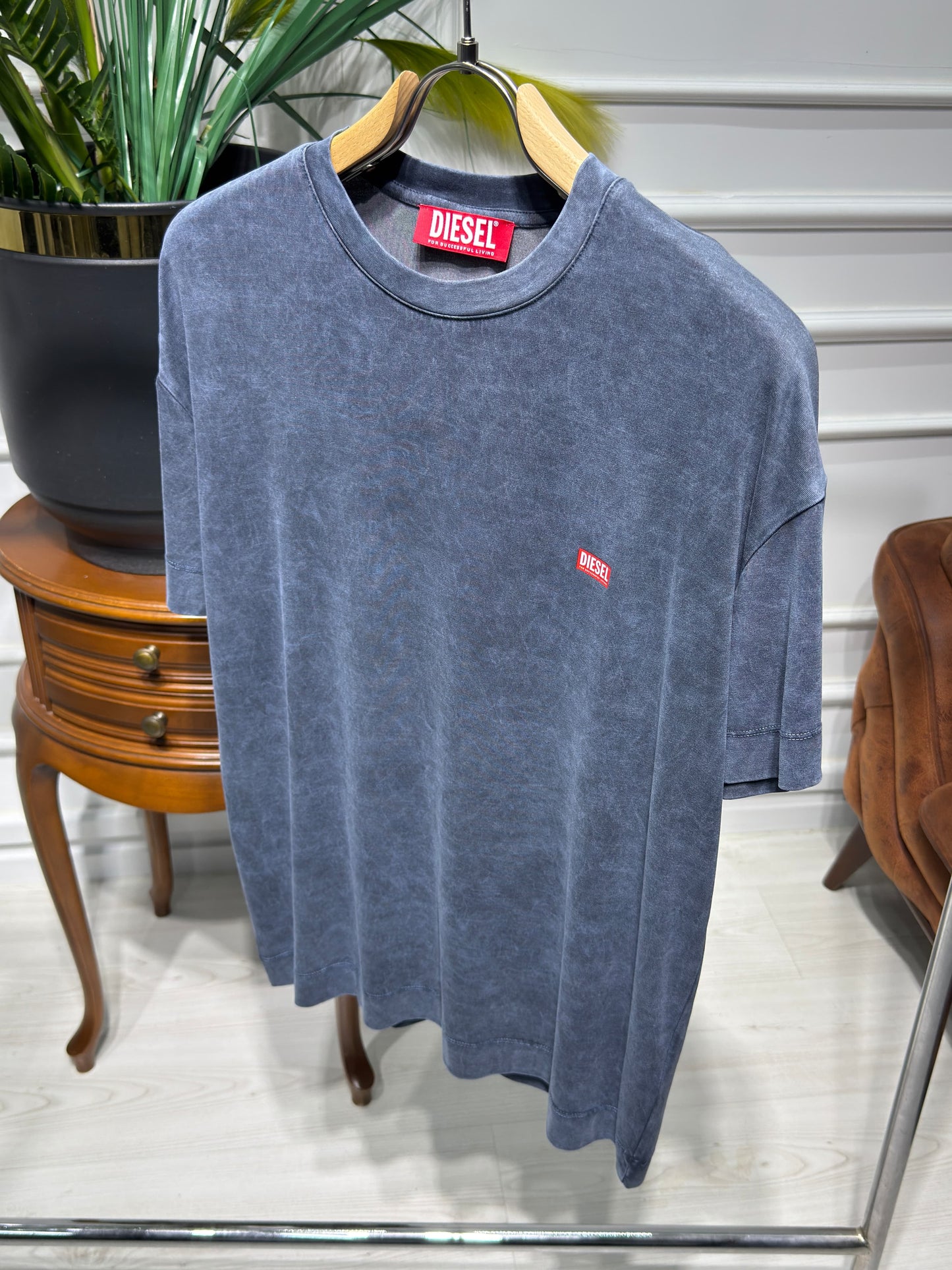 DIESEL Logo Printed Washed Blue Tshirt For Men