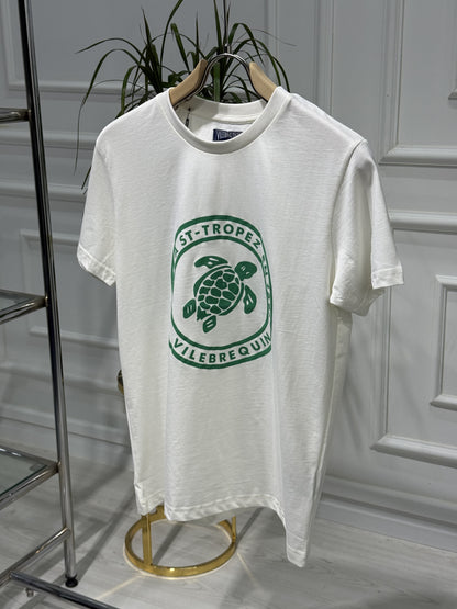 Vilebrequin Green Printed Logo White Slimfit Tshirt For Men