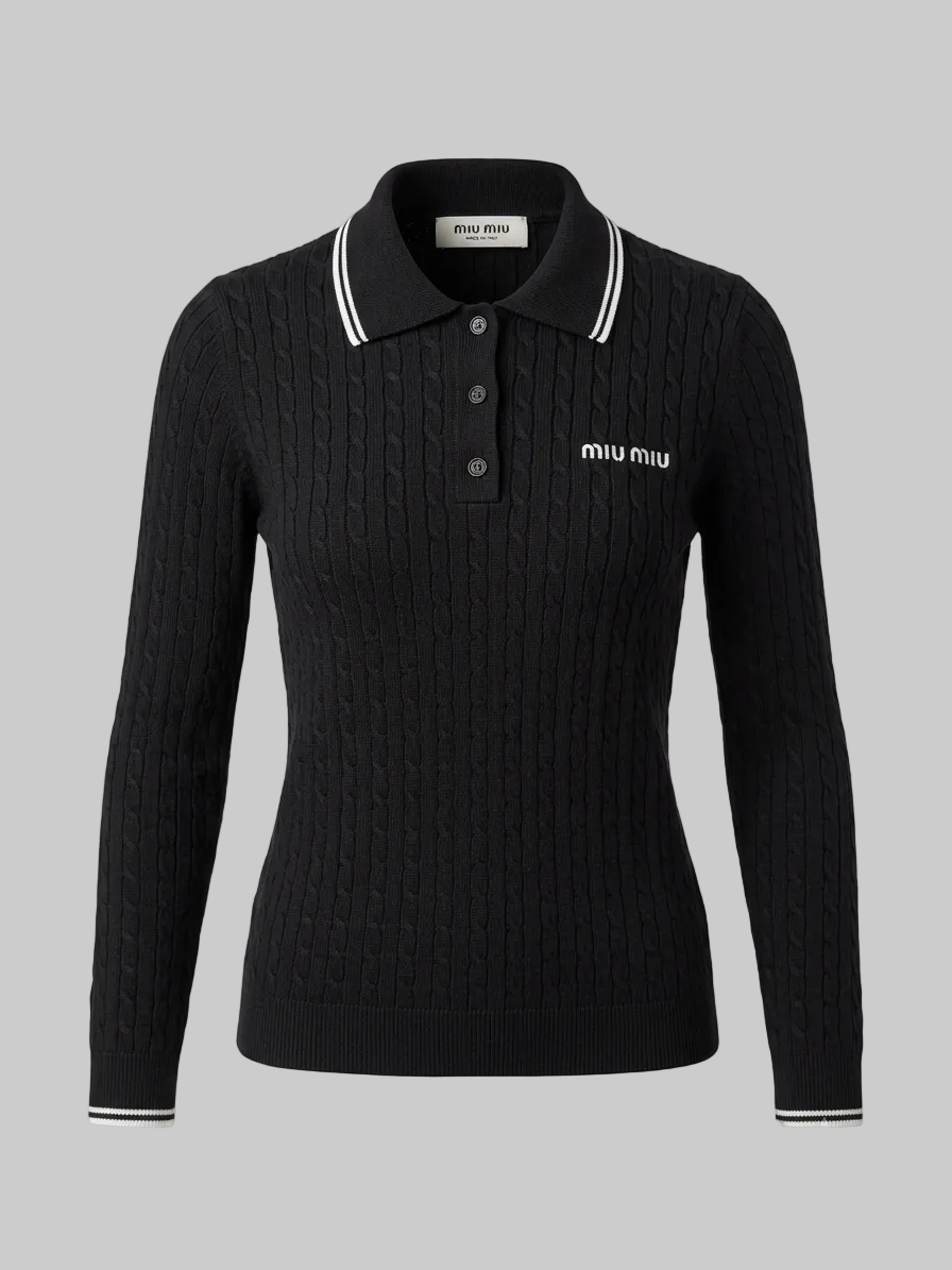 Black Cable-knit Long-sleeve Polo For Women