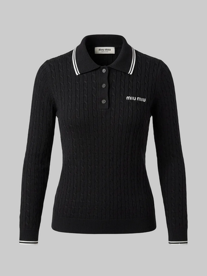 Black Cable-knit Long-sleeve Polo For Women