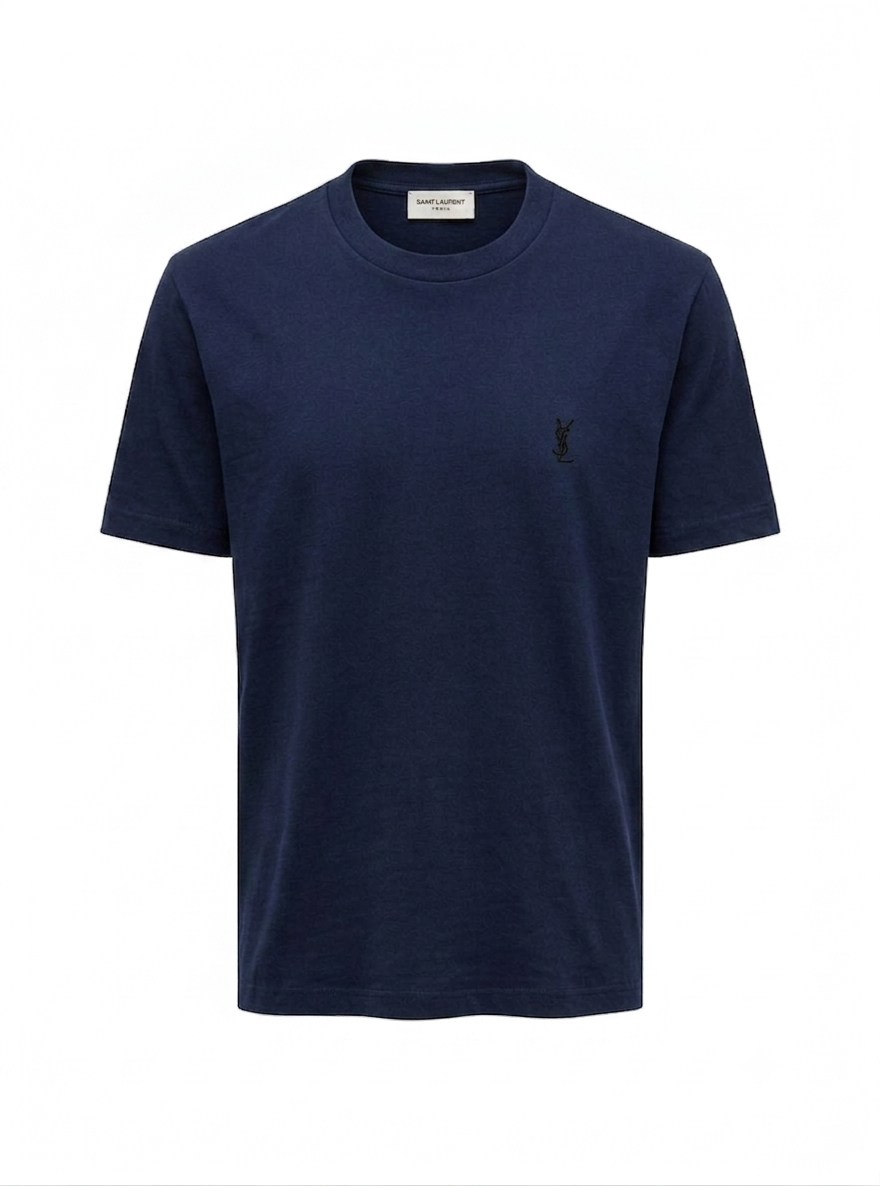 YSL Embroidered Logo Navy Blue Tshirt For Men
