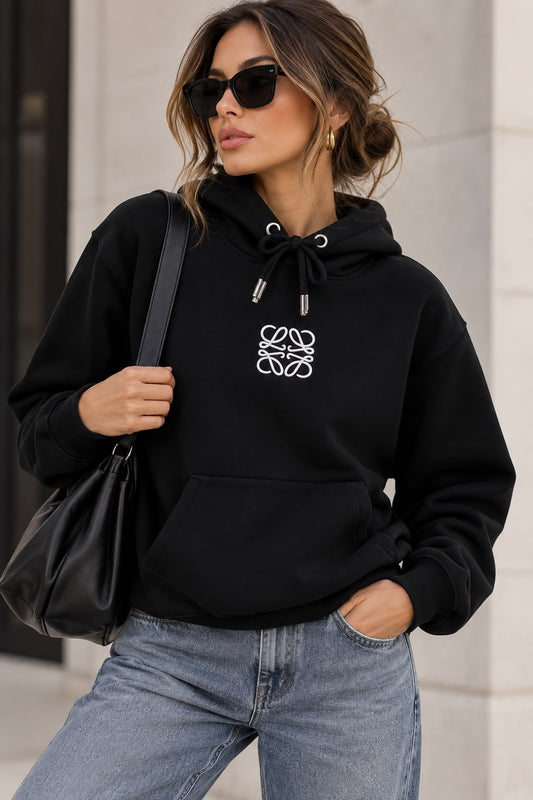 Anagram Embroidered Logo Black Hoodie For Women