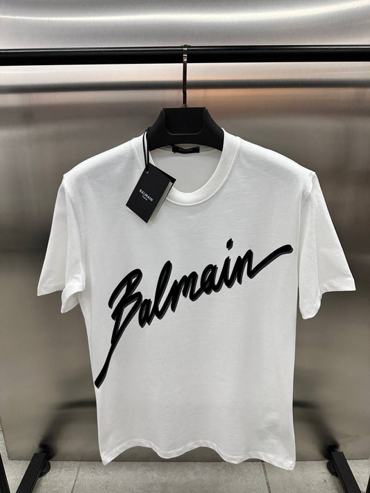 FLOCKED BALMAIN Logo White Tshirt For Men