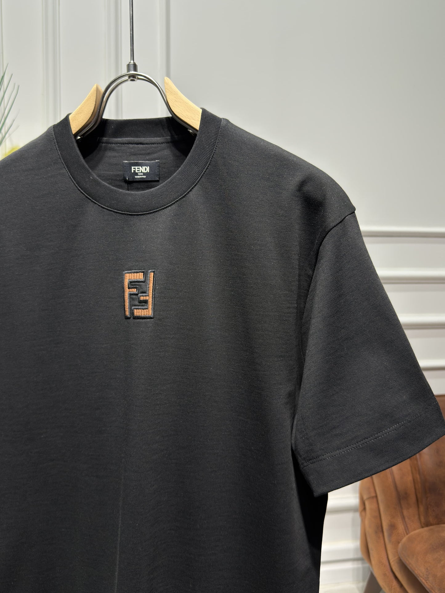 FF Embroidered Brown Logo Black Tshirt For Men