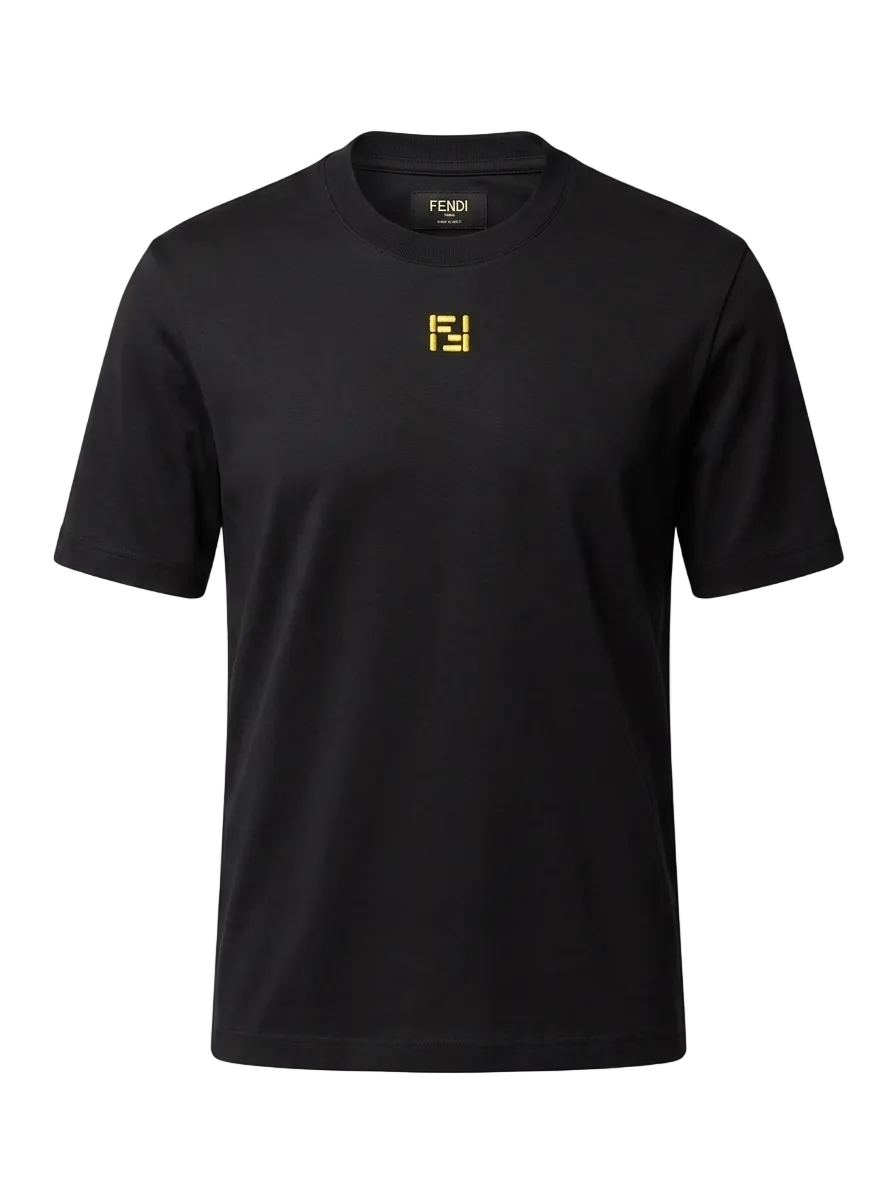 Yellow FF Embroidered Black Tshirt For Men
