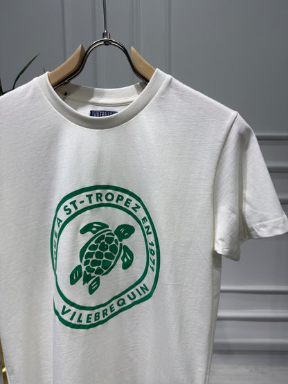 Vilebrequin Green Printed Logo White Slimfit Tshirt For Men
