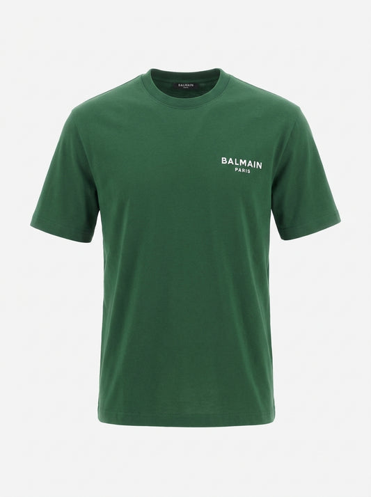 Balmain Flocked Logo Green Tshirt For Men
