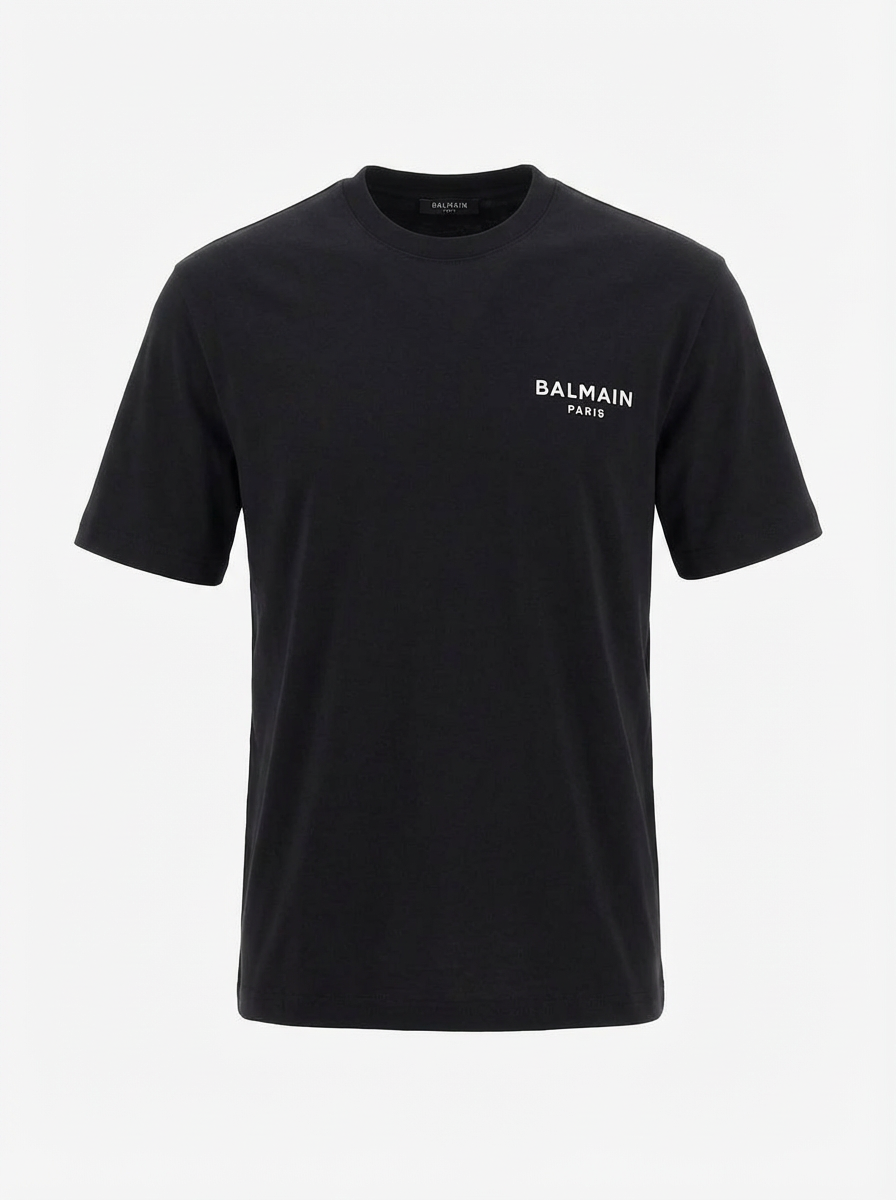 Balmain Flocked Logo Black Tshirt For Men