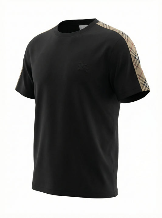 Logo Embroidered Check Trim Black Tshirt For Men