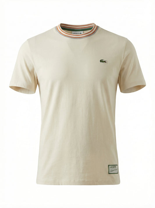 Made In France Stripe Neck Slim fit Cream Tshirt For Men